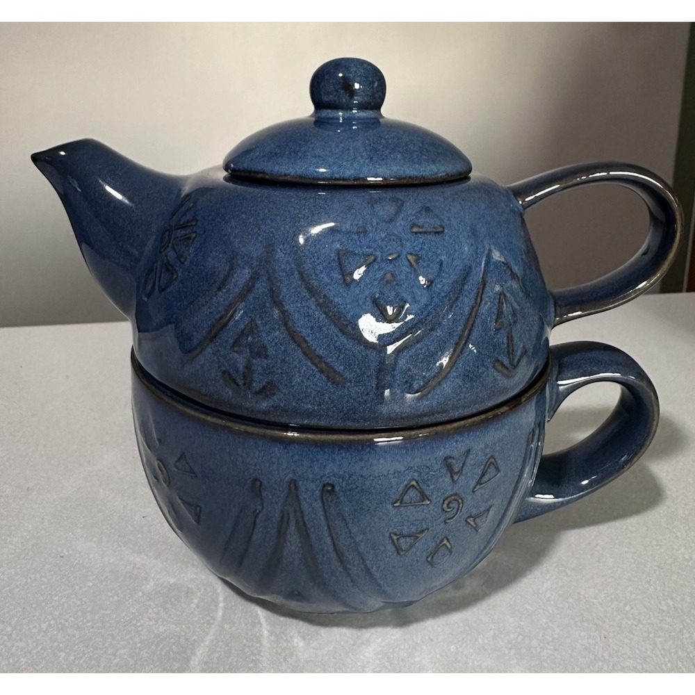 Pier 1 Blue Glazed Stoneware Teapot for One Set Cup w Lid Embossed Floral Boho